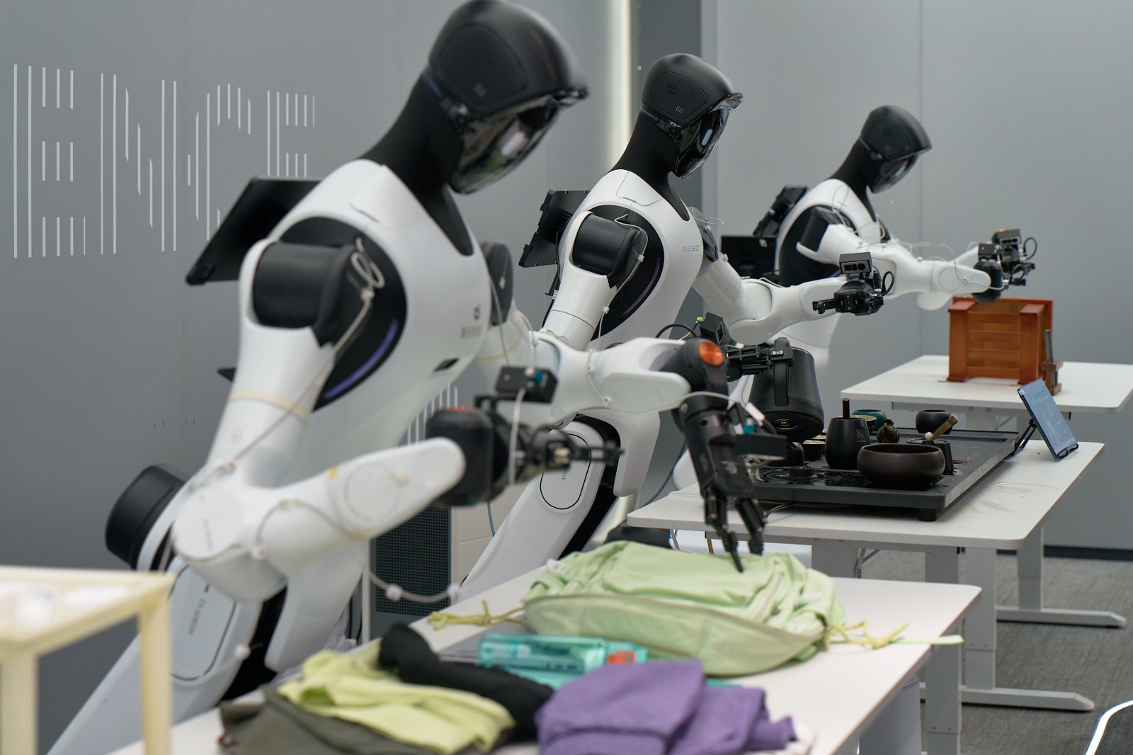 A clothing-handling demonstration at AgiBot in Shanghai.
