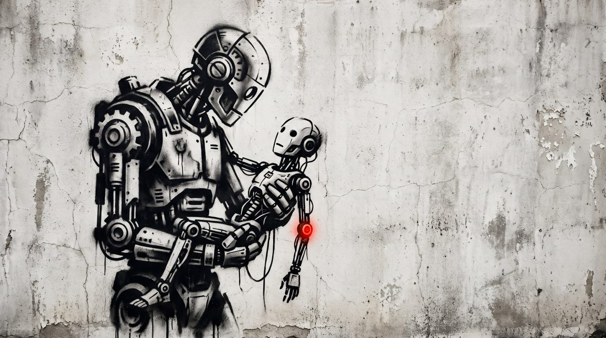 Stencil illustration of a humanoid holding a smaller robot with a red joint
